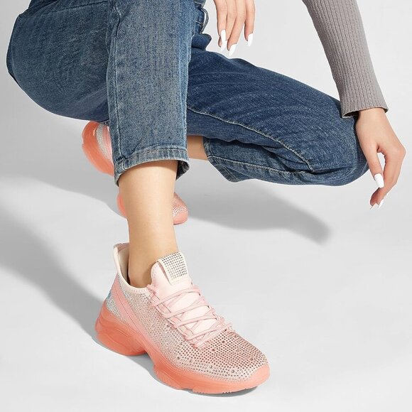 Women's Tan Rhinestone Mesh Slip On Walking Breathable Glitter Sneaker Shoes - Picture 8 of 9